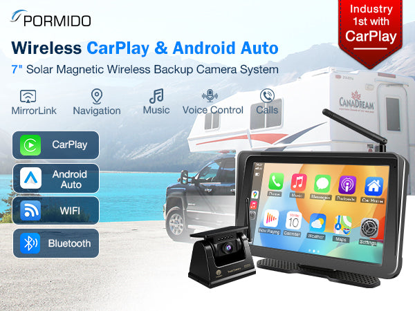 PORMIDO PRD10X Wireless Backup Camera for Truck: 7" Portable Touchscreen with Apple CarPlay/Android Auto - 10000mAh Solar Magnetic HD 1080P Rear View System for Large Vehicle RV Trailer Camper Pickup Reverse