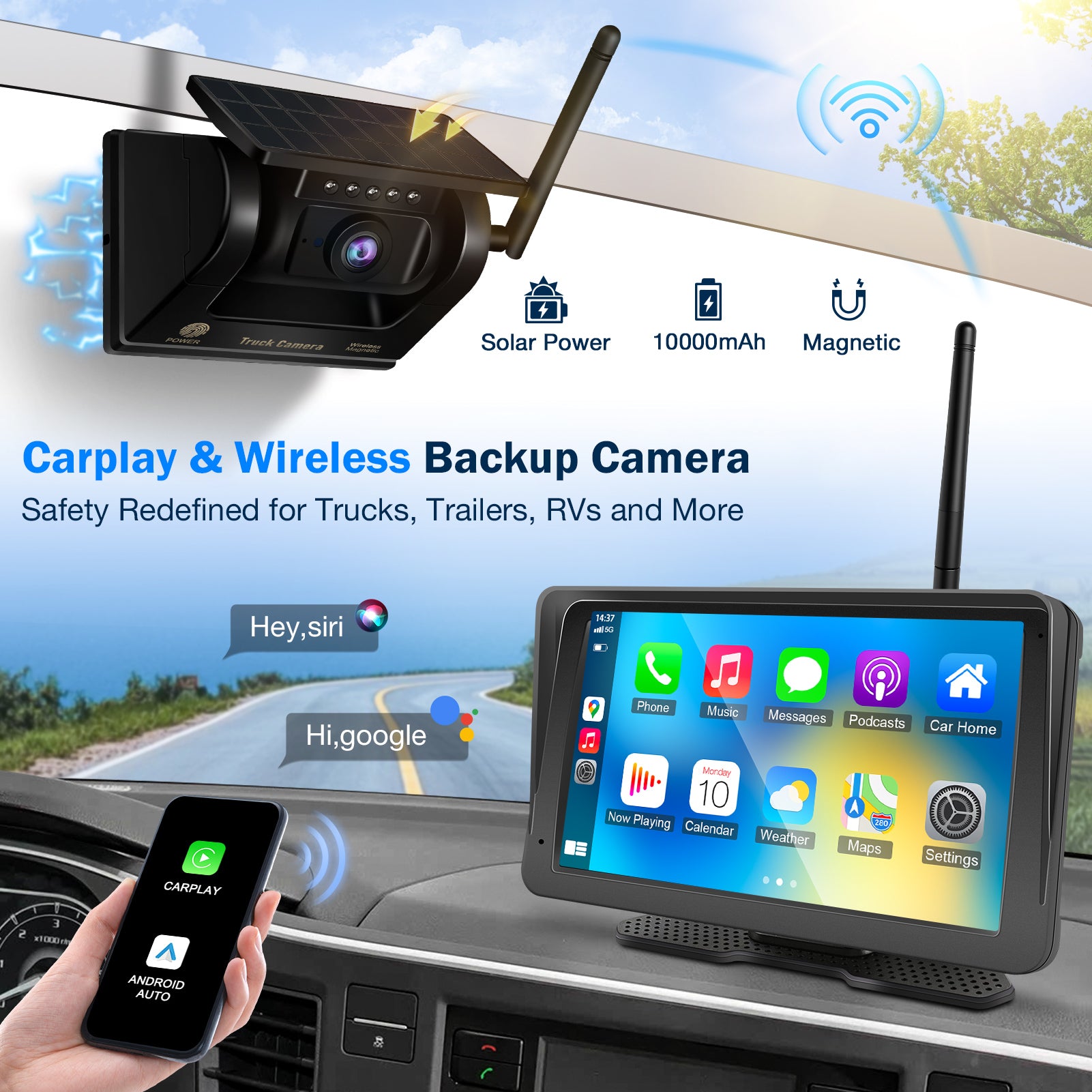 PORMIDO PRD10X Wireless Backup Camera for Truck: 7" Portable Touchscreen with Apple CarPlay/Android Auto - 10000mAh Solar Magnetic HD 1080P Rear View System for Large Vehicle RV Trailer Camper Pickup Reverse