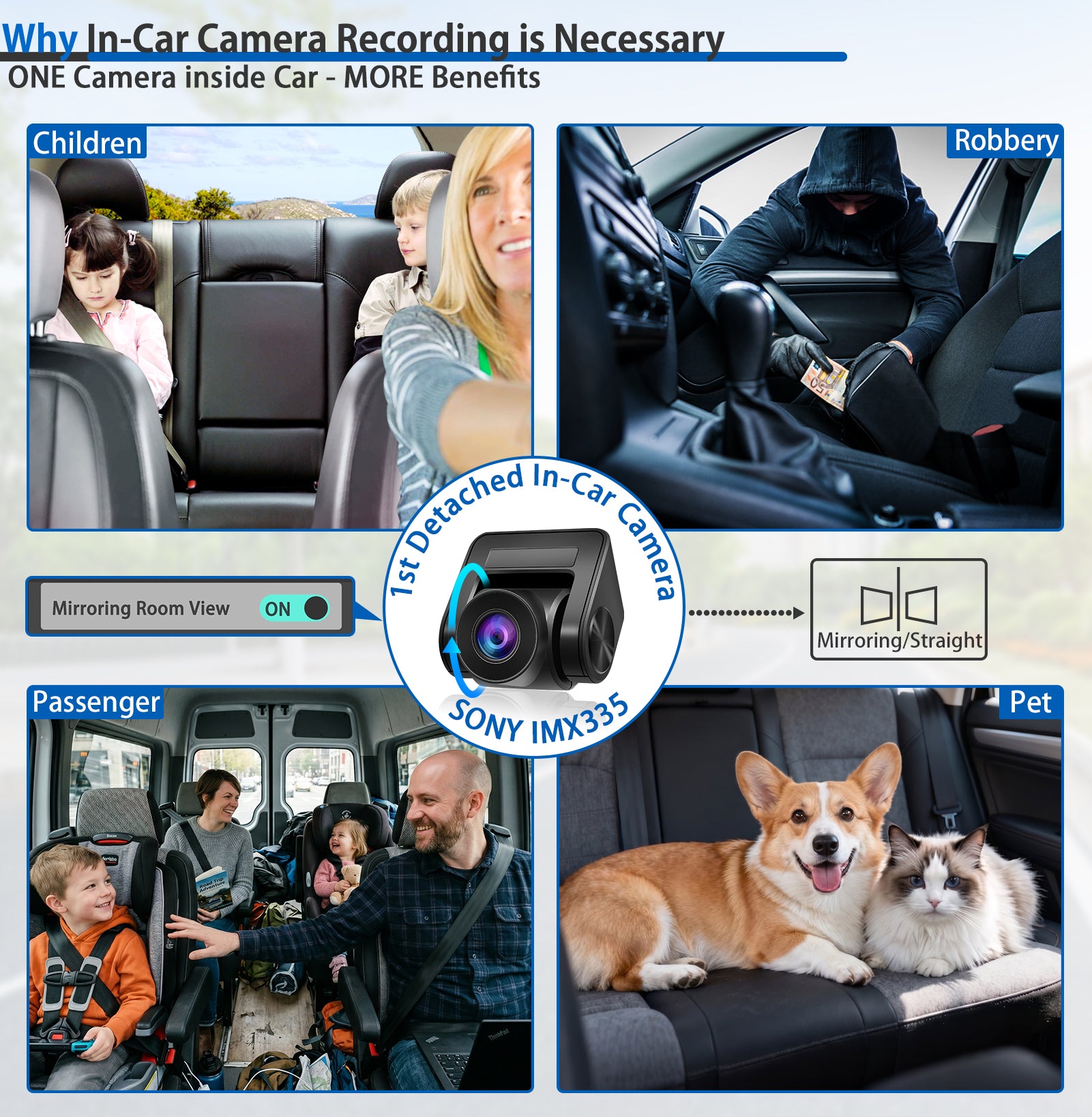 PORMIDO Triple 12" Mirror Dash Cam 3 Channel with Detached Front, Inside, Waterproof Backup Camera, Video Rear View Mirror 1296P Touch Screen with Sony Sensor,Starvis Night Vision,GPS,Parking Assist