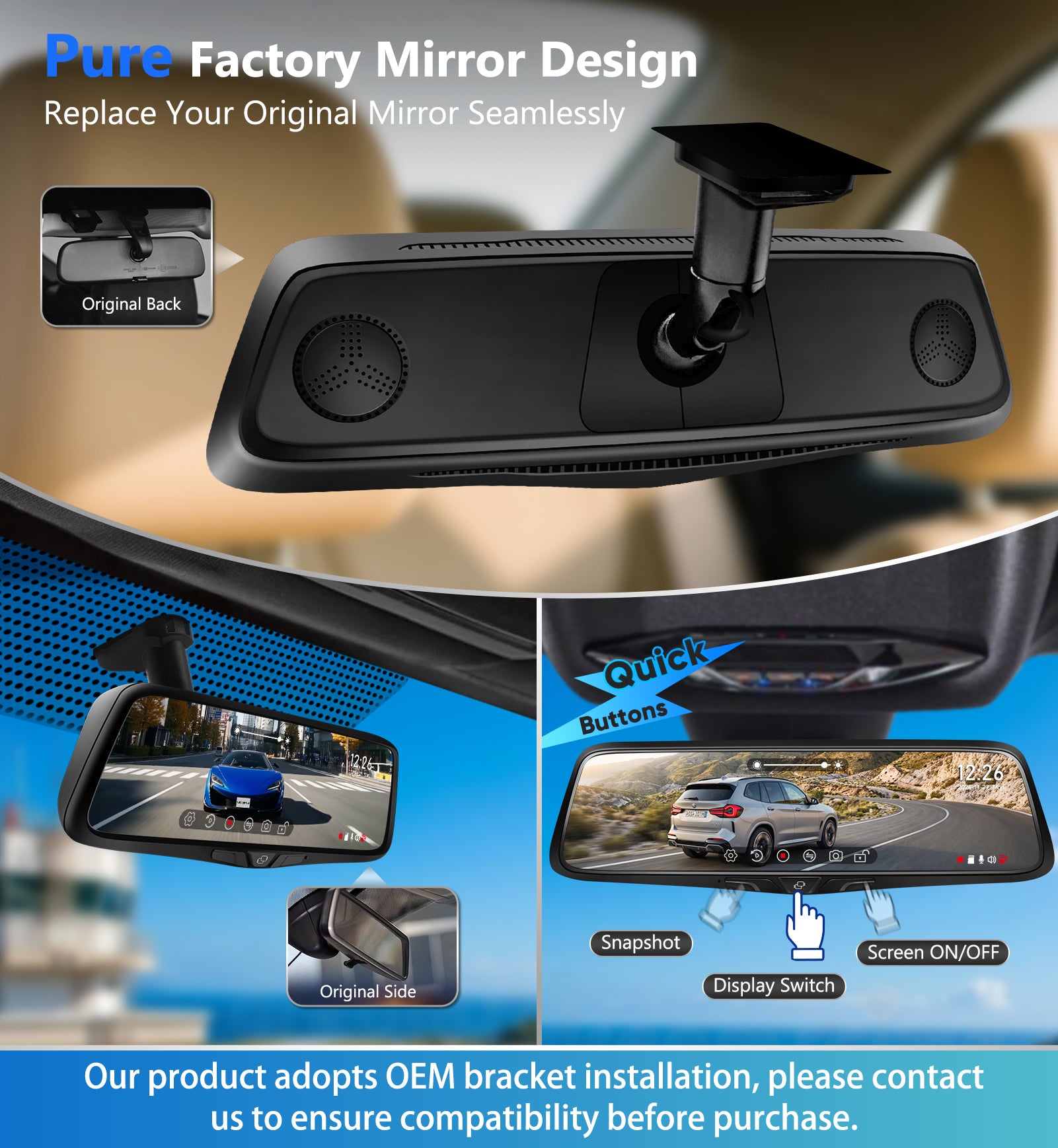 OEM Rear View Mirror Camera: 10" 2K Mirror Dash Cam with Detached Front Backup Camera, Smart Touchscreen with Rear Zoom, Night Vision, Parking Monitor, Built-in GPS, 64GB Card for Trucks SUVs Vans RVs