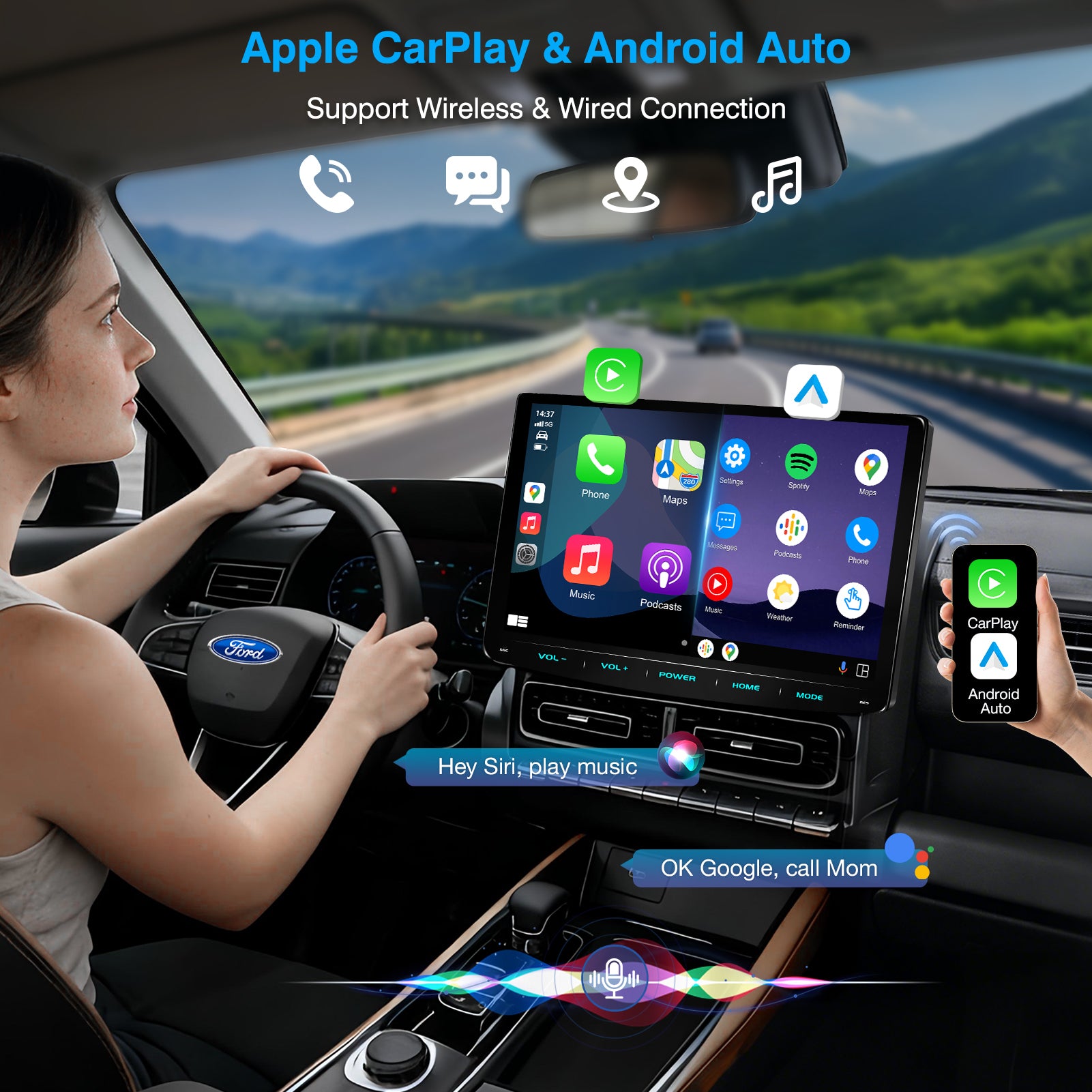 PORMIDO PRA102 Double Din Car Stereo: 10.1" Adjustable Touchscreen Radio with Wireless Apple CarPlay Android Auto - QLED Car Play Screen with Bluetooth Backup Camera MirrorLink DSP SWC for Car Audio Upgrade