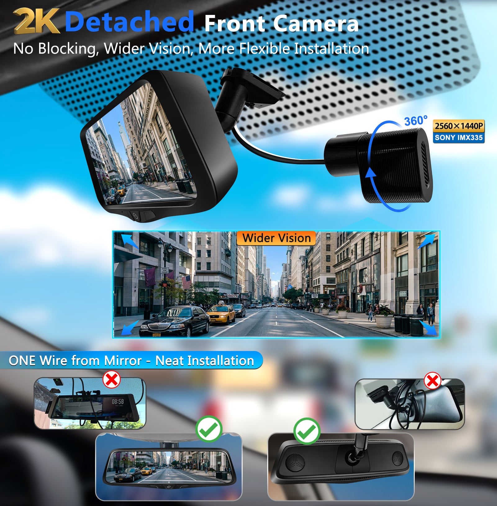 OEM Rear View Mirror Camera: 10" 2K Mirror Dash Cam with Detached Front Backup Camera, Smart Touchscreen with Rear Zoom, Night Vision, Parking Monitor, Built-in GPS, 64GB Card for Trucks SUVs Vans RVs