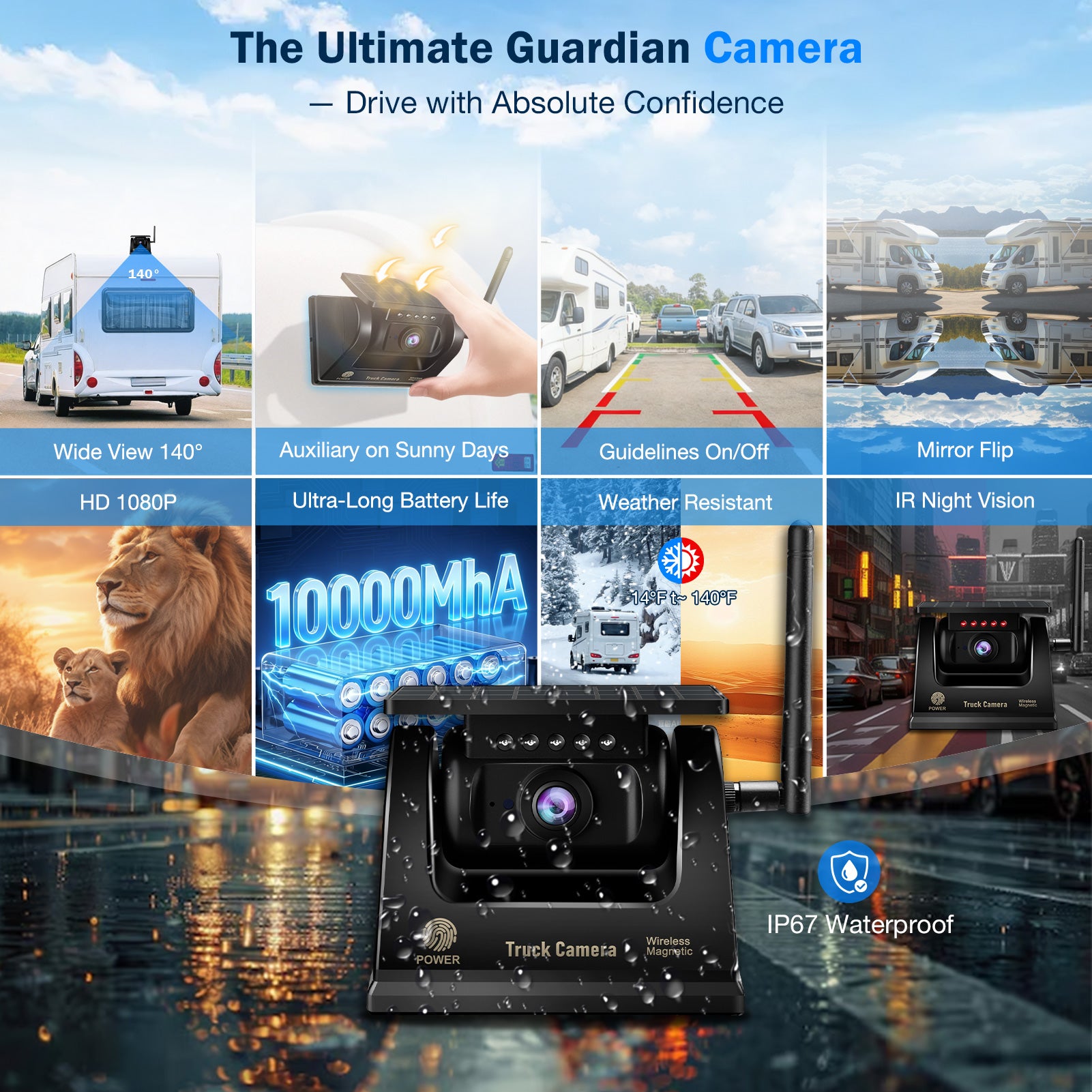 PORMIDO PRD10X Wireless Backup Camera for Truck: 7" Portable Touchscreen with Apple CarPlay/Android Auto - 10000mAh Solar Magnetic HD 1080P Rear View System for Large Vehicle RV Trailer Camper Pickup Reverse