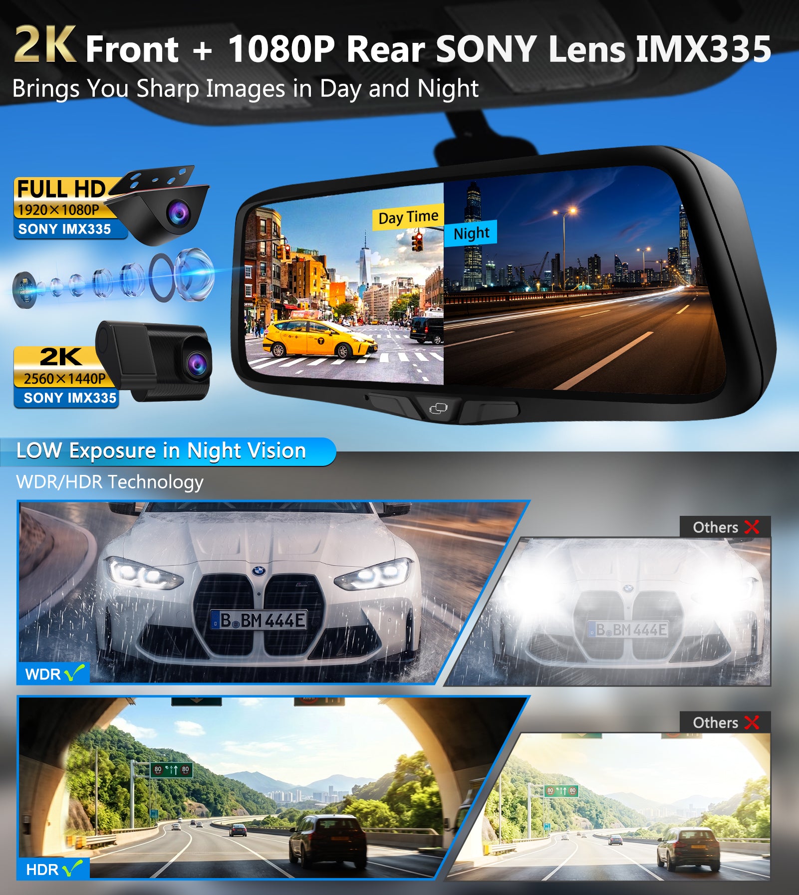OEM Rear View Mirror Camera: 10" 2K Mirror Dash Cam with Detached Front Backup Camera, Smart Touchscreen with Rear Zoom, Night Vision, Parking Monitor, Built-in GPS, 64GB Card for Trucks SUVs Vans RVs