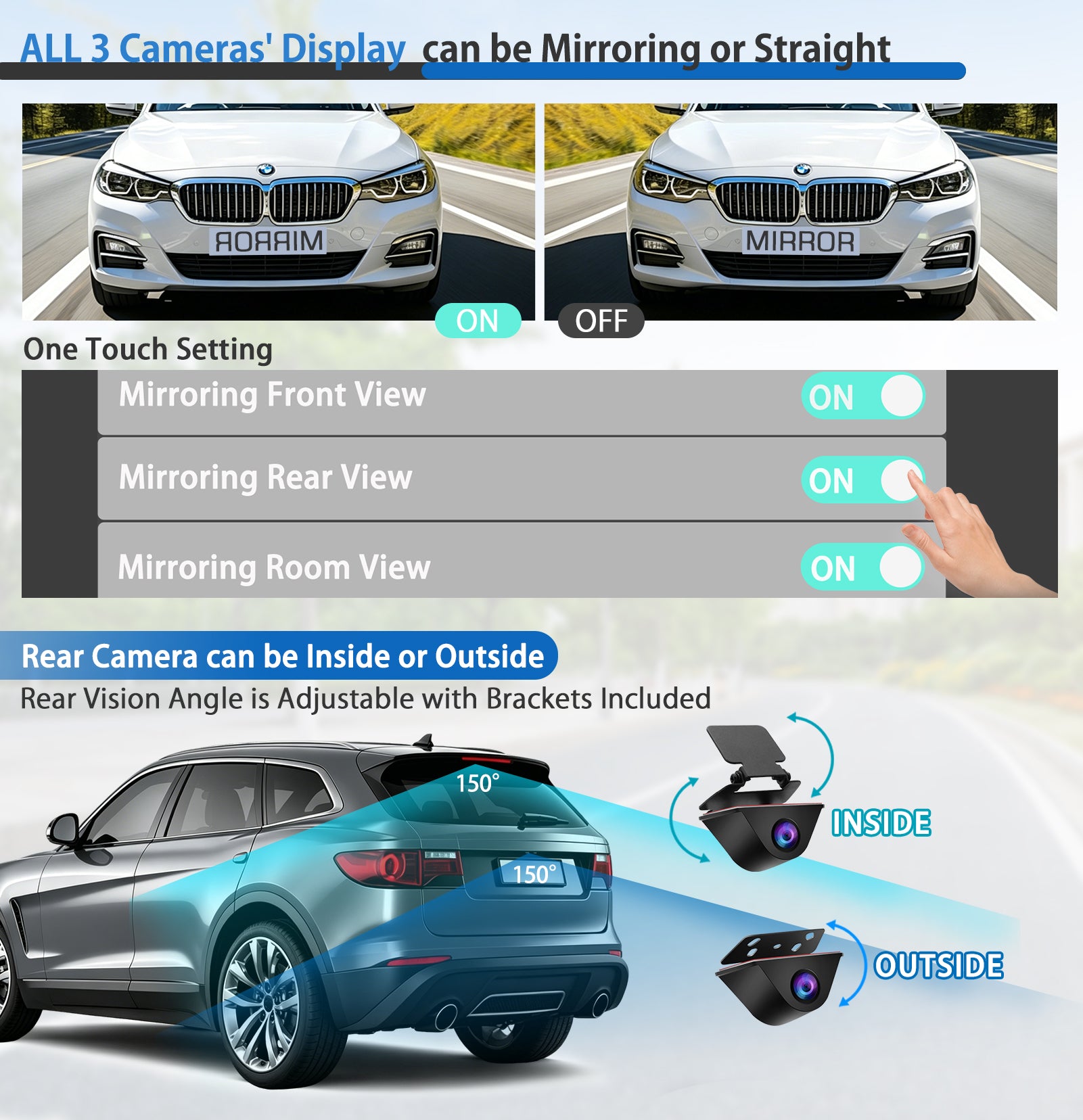 PORMIDO Triple 12" Mirror Dash Cam 3 Channel with Detached Front, Inside, Waterproof Backup Camera, Video Rear View Mirror 1296P Touch Screen with Sony Sensor,Starvis Night Vision,GPS,Parking Assist