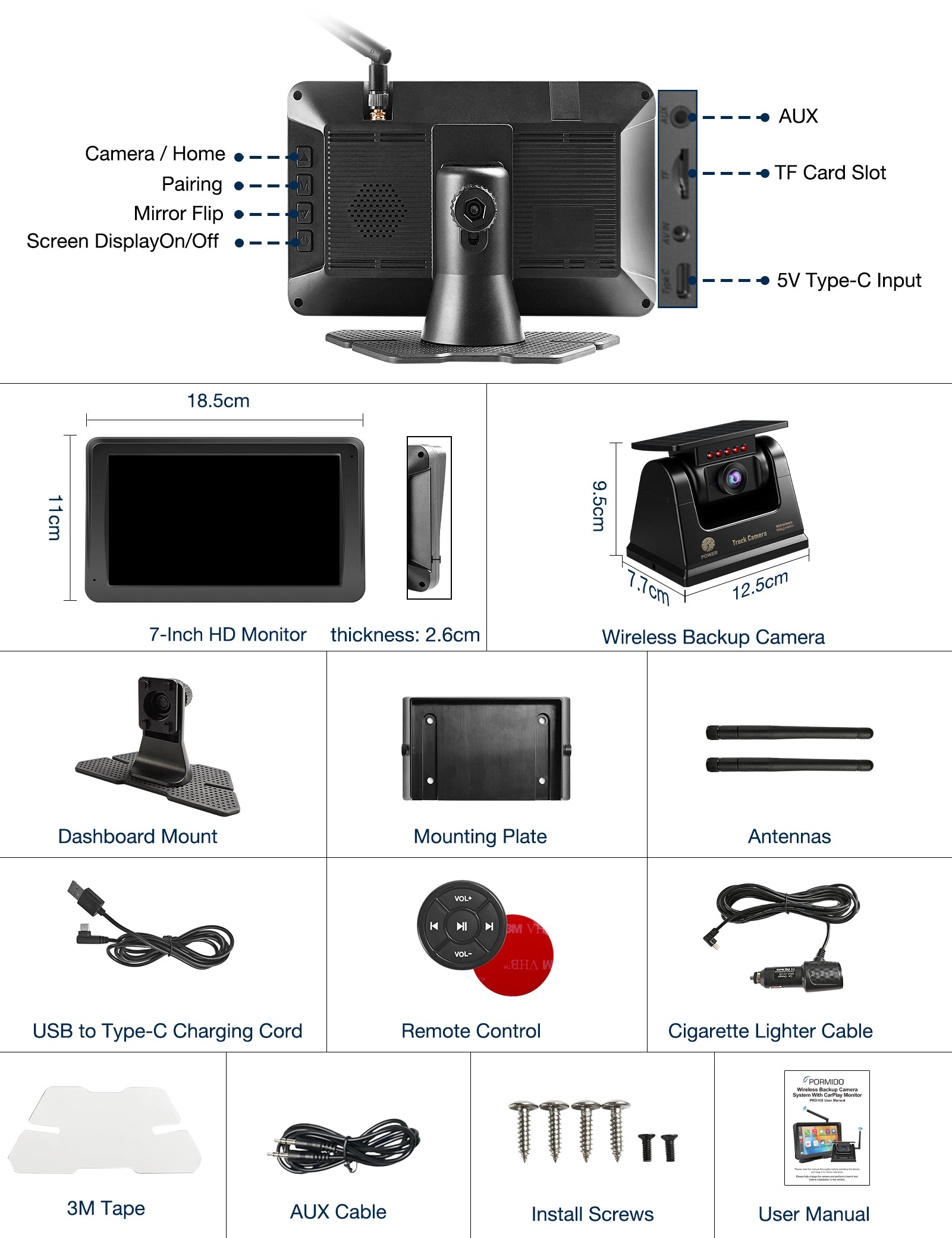 PORMIDO PRD10X Wireless Backup Camera for Truck: 7" Portable Touchscreen with Apple CarPlay/Android Auto - 10000mAh Solar Magnetic HD 1080P Rear View System for Large Vehicle RV Trailer Camper Pickup Reverse