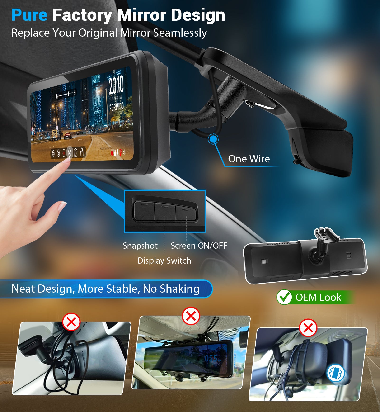 PORMIDO D81T OEM Rear View Mirror Camera with Auto-Brightness, 11" Mirror Dash Cam with 2K Ultra-Bright Touchscreen, Detached Front Backup Rearview Zoom Built-in GPS Night Vision 64GB Card Parking Monitor