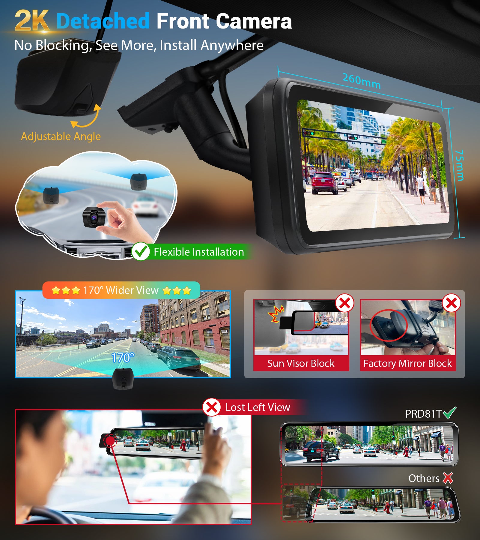 PORMIDO D81T OEM Rear View Mirror Camera with Auto-Brightness, 11" Mirror Dash Cam with 2K Ultra-Bright Touchscreen, Detached Front Backup Rearview Zoom Built-in GPS Night Vision 64GB Card Parking Monitor