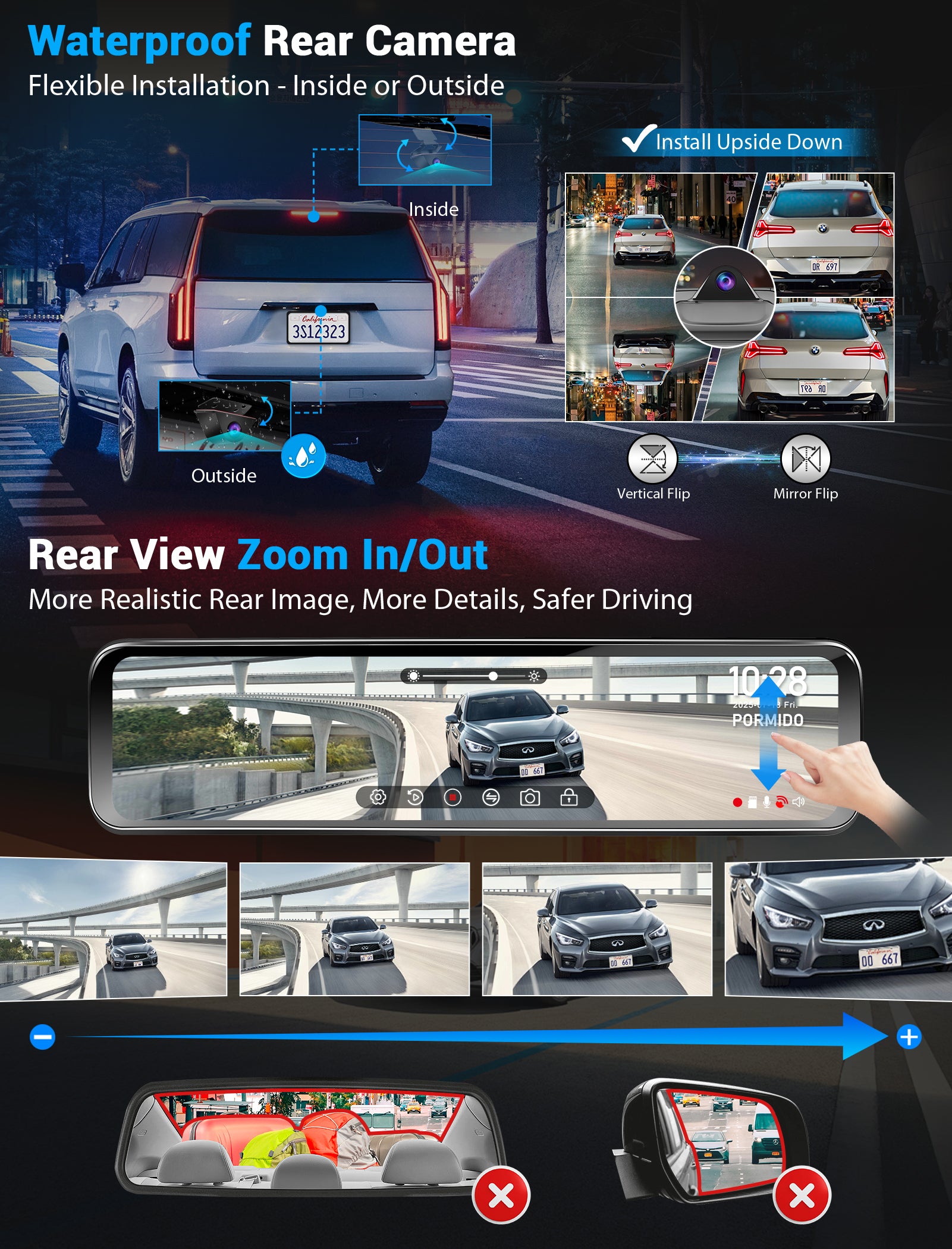 PORMIDO D81T OEM Rear View Mirror Camera with Auto-Brightness, 11" Mirror Dash Cam with 2K Ultra-Bright Touchscreen, Detached Front Backup Rearview Zoom Built-in GPS Night Vision 64GB Card Parking Monitor