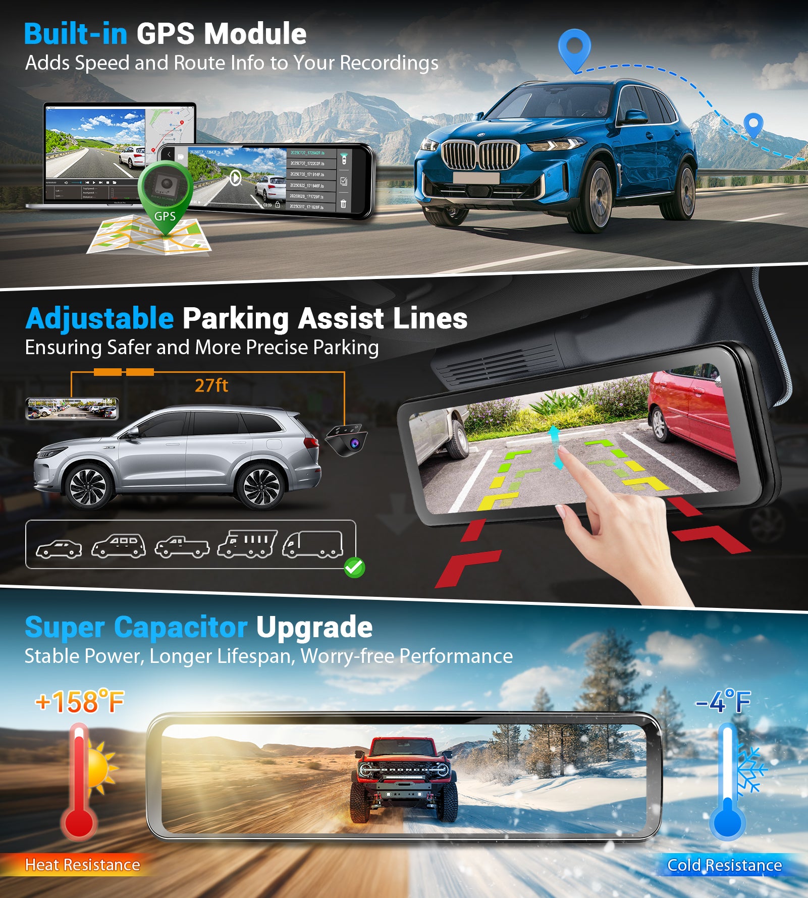 PORMIDO D81T OEM Rear View Mirror Camera with Auto-Brightness, 11" Mirror Dash Cam with 2K Ultra-Bright Touchscreen, Detached Front Backup Rearview Zoom Built-in GPS Night Vision 64GB Card Parking Monitor