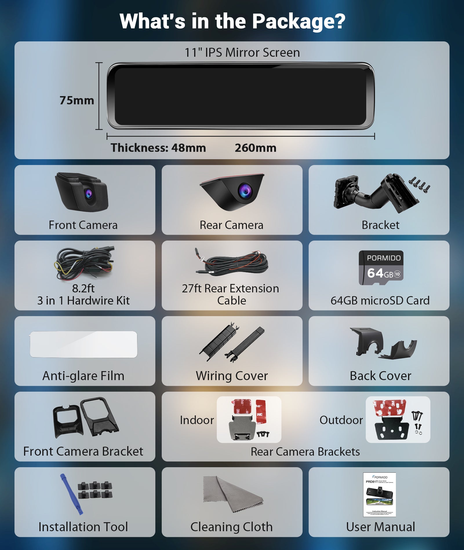PORMIDO D81T OEM Rear View Mirror Camera with Auto-Brightness, 11" Mirror Dash Cam with 2K Ultra-Bright Touchscreen, Detached Front Backup Rearview Zoom Built-in GPS Night Vision 64GB Card Parking Monitor