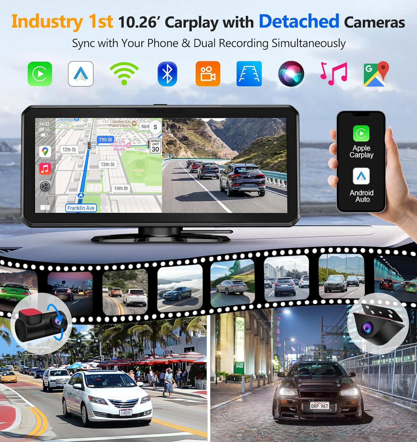 PORMIDO 10.26" Portable Carplay Dash Cam Touchscreen for Apple Android Wireless Car Play Detached Front and Rear HD1080P Backup Camera with Voice Control,Bluetooth,Navigation,Stream Record 64GB Card