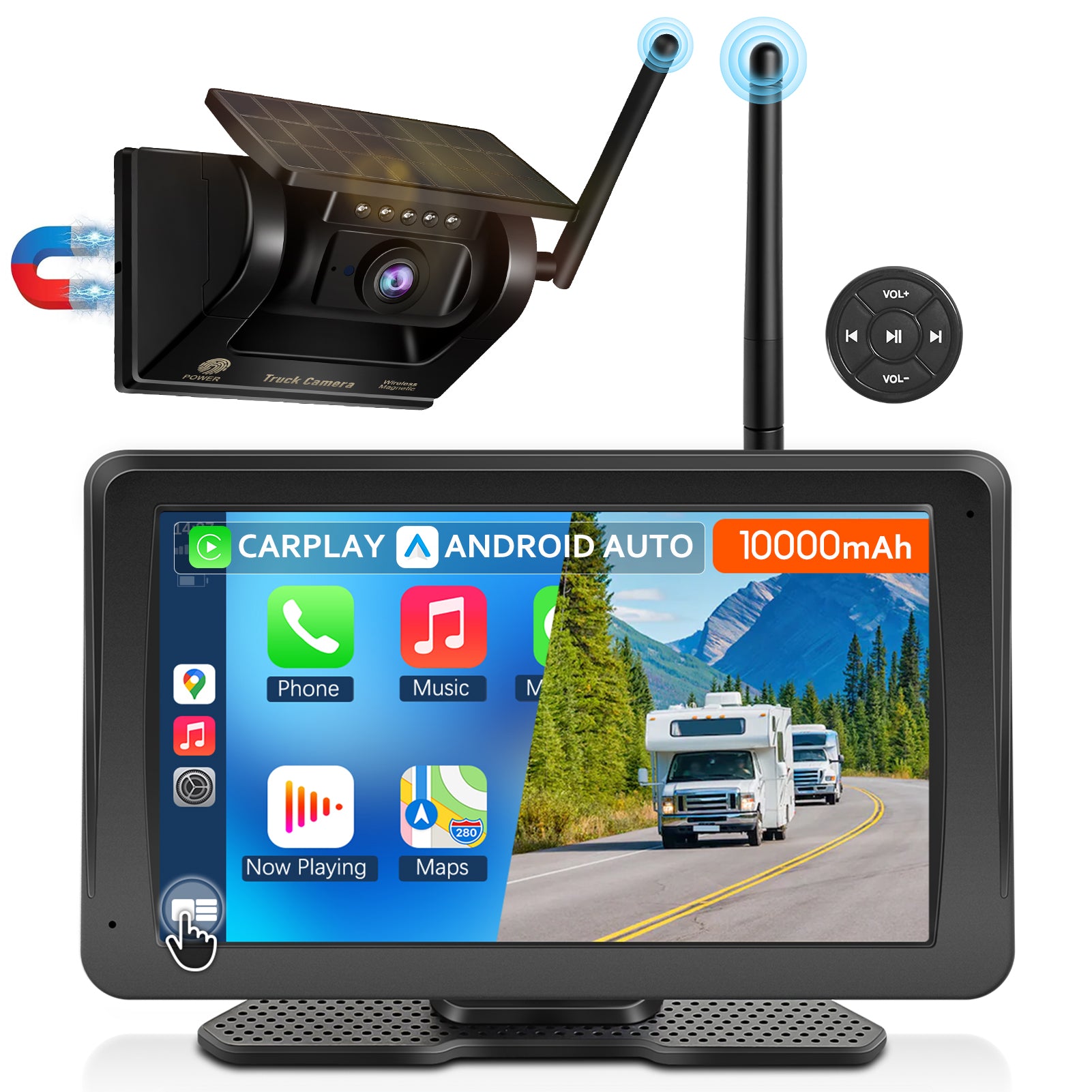 PORMIDO PRD10X Wireless Backup Camera for Truck: 7" Portable Touchscreen with Apple CarPlay/Android Auto - 10000mAh Solar Magnetic HD 1080P Rear View System for Large Vehicle RV Trailer Camper Pickup Reverse