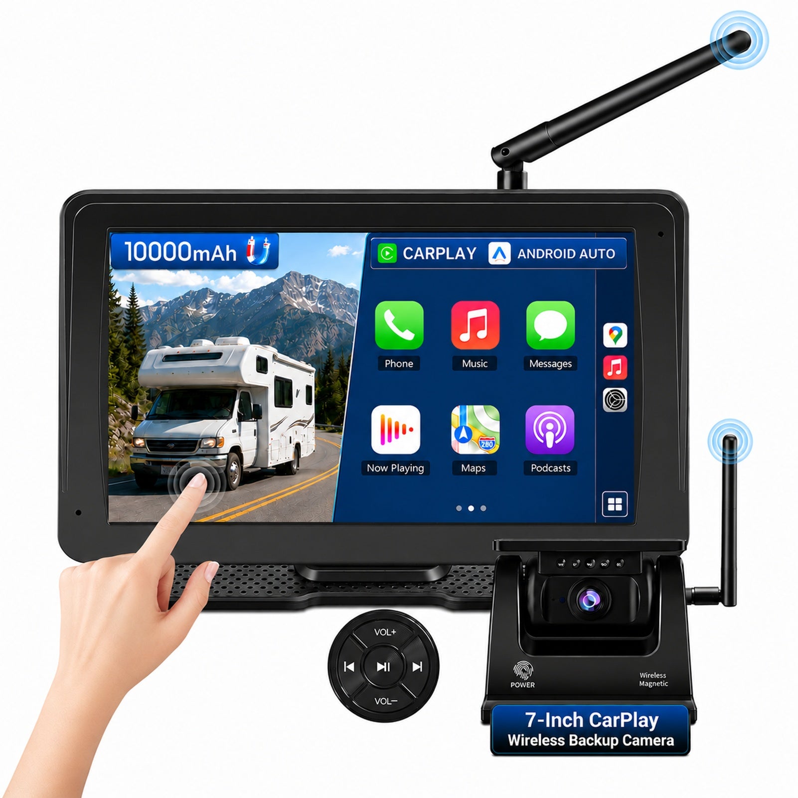 PORMIDO PR 10X Wireless Backup Camera for Truck: 7" Portable Touchscreen with Apple CarPlay/Android Auto - 10000mAh Solar Magnetic HD 1080P Rear View System for Large Vehicle RV Trailer Camper Pickup Reverse