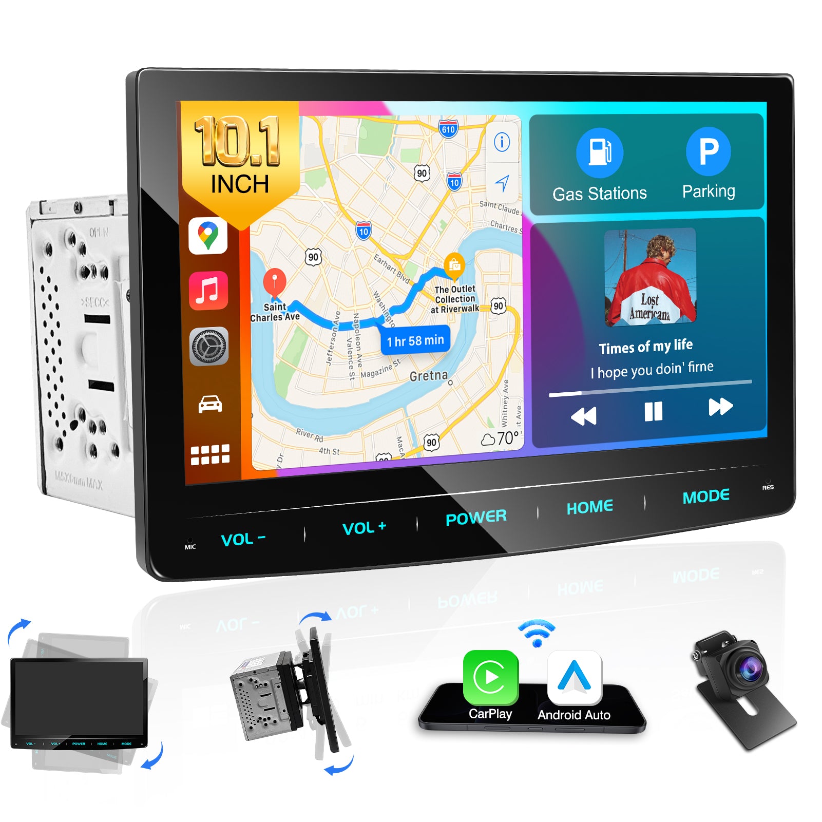 PORMIDO PRA102 Double Din Car Stereo: 10.1" Adjustable Touchscreen Radio with Wireless Apple CarPlay Android Auto - QLED Car Play Screen with Bluetooth Backup Camera MirrorLink DSP SWC for Car Audio Upgrade