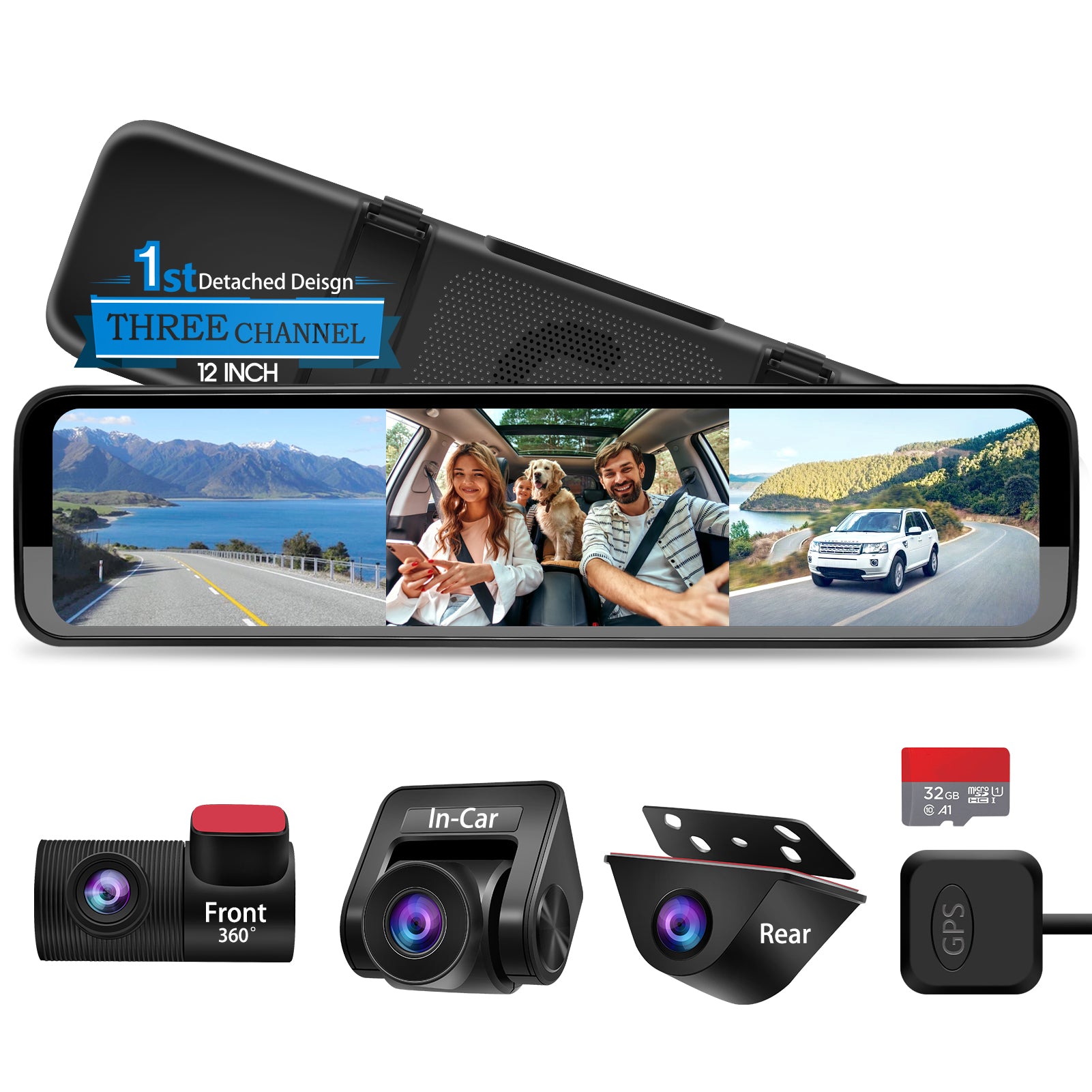 PORMIDO Triple 12" Mirror Dash Cam 3 Channel with Detached Front, Inside, Waterproof Backup Camera, Video Rear View Mirror 1296P Touch Screen with Sony Sensor,Starvis Night Vision,GPS,Parking Assist