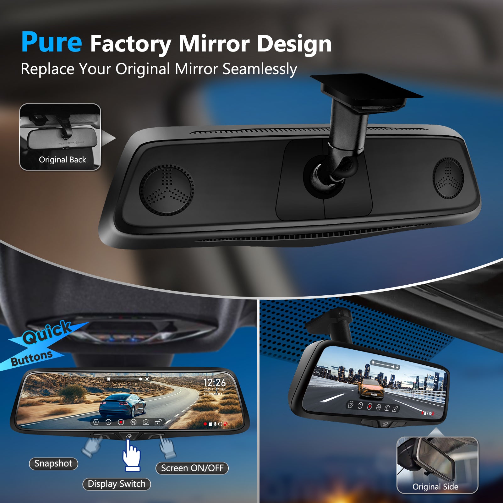 PORMIDO 2K Smart OEM Rearview Mirror Dashcam with WDR - 10" Touchscreen, Detachable Front Backup Camera, Built-in GPS, 64GB Card, Parking Monitor, Night Vision