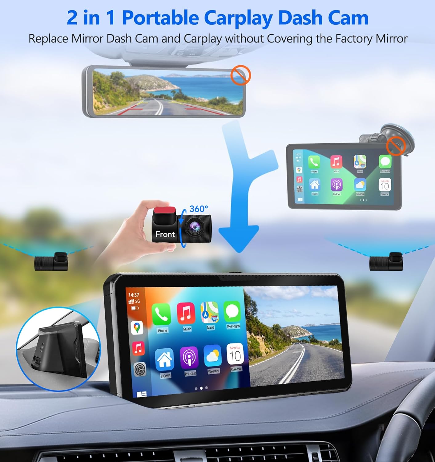 PORMIDO 10.26" Portable Carplay Dash Cam Touchscreen for Apple Android Wireless Car Play Detached Front and Rear HD1080P Backup Camera with Voice Control,Bluetooth,Navigation,Stream Record 64GB Card