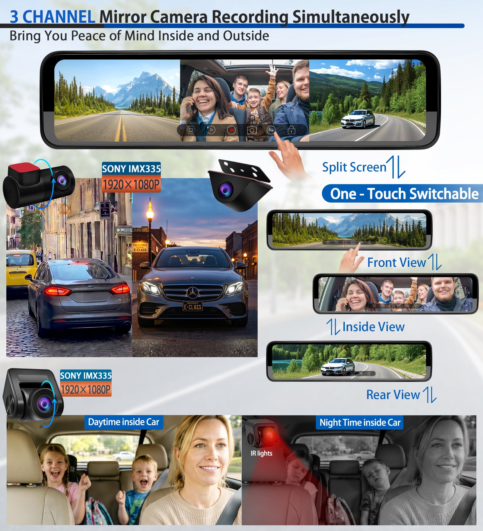 PORMIDO Triple 12" Mirror Dash Cam 3 Channel with Detached Front, Inside, Waterproof Backup Camera, Video Rear View Mirror 1296P Touch Screen with Sony Sensor,Starvis Night Vision,GPS,Parking Assist