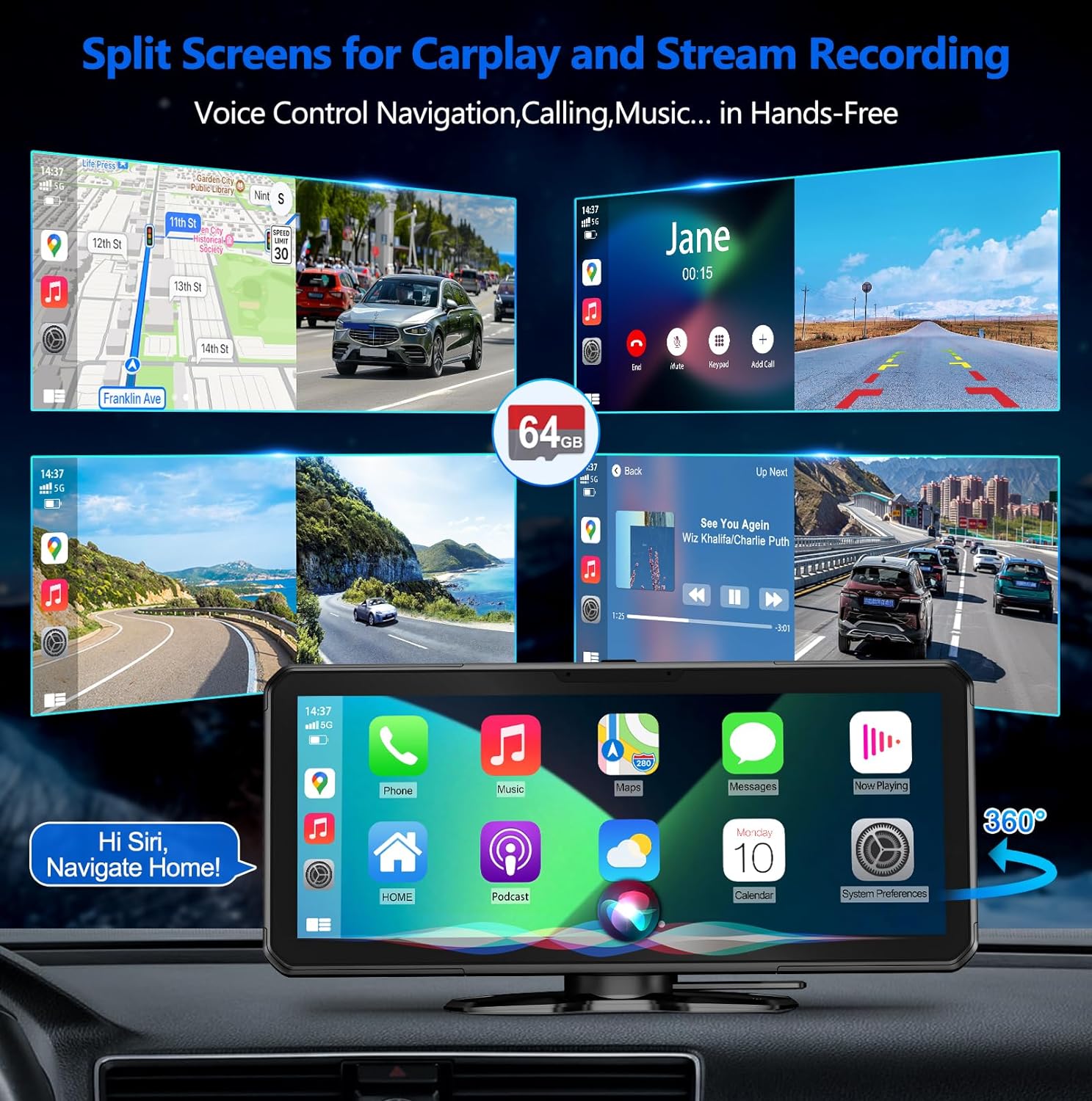 PORMIDO 10.26" Portable Carplay Dash Cam Touchscreen for Apple Android Wireless Car Play Detached Front and Rear HD1080P Backup Camera with Voice Control,Bluetooth,Navigation,Stream Record 64GB Card