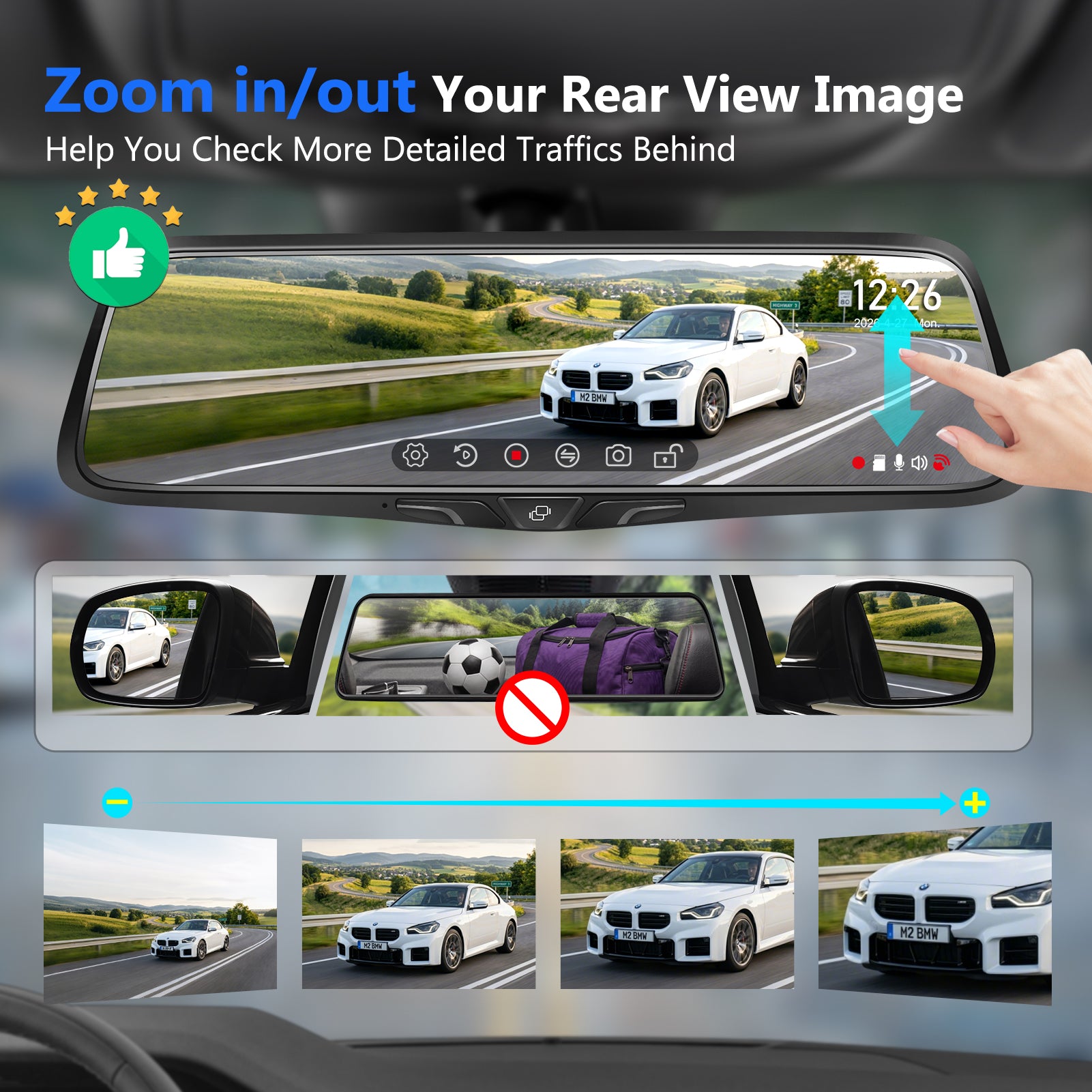 OEM Rear View Mirror Camera: 10" 2K Mirror Dash Cam with Detached Front Backup Camera, Smart Touchscreen with Rear Zoom, Night Vision, Parking Monitor, Built-in GPS, 64GB Card for Trucks SUVs Vans RVs