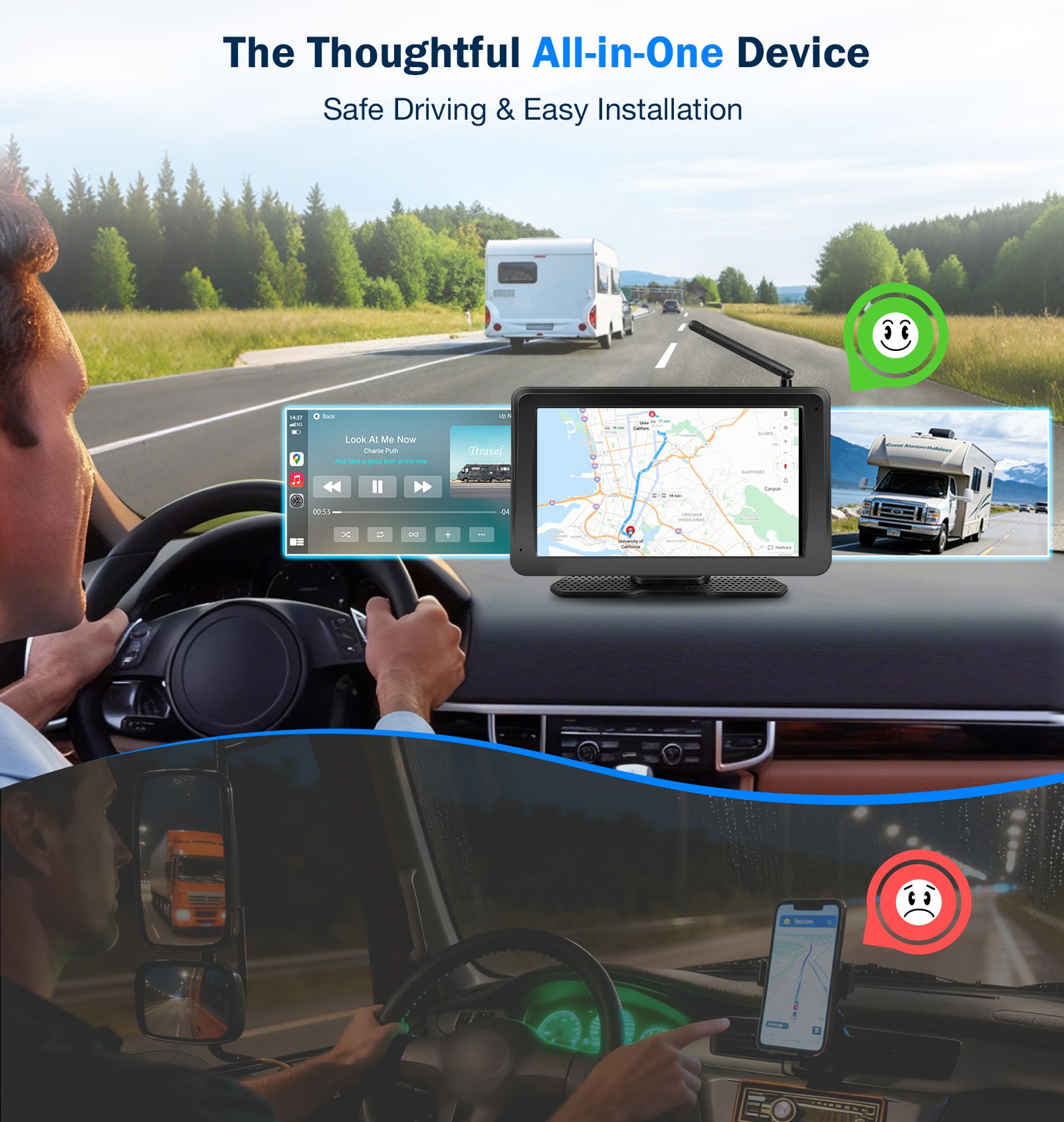 PORMIDO PRD10X Wireless Backup Camera for Truck: 7" Portable Touchscreen with Apple CarPlay/Android Auto - 10000mAh Solar Magnetic HD 1080P Rear View System for Large Vehicle RV Trailer Camper Pickup Reverse