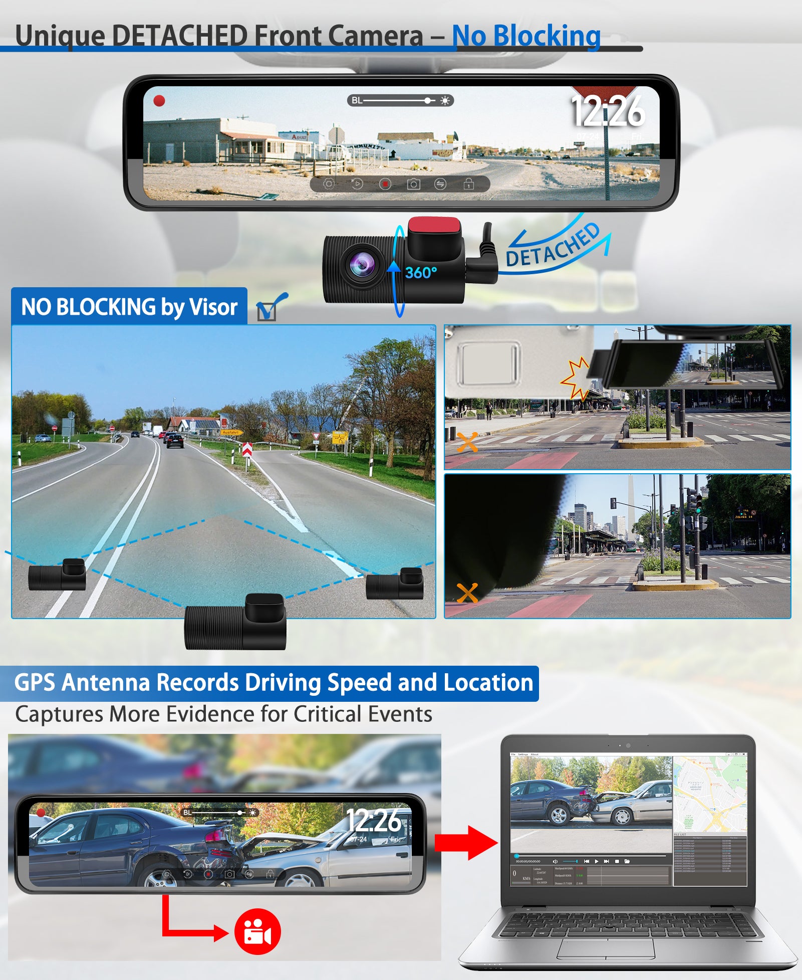 PORMIDO Triple 12" Mirror Dash Cam 3 Channel with Detached Front, Inside, Waterproof Backup Camera, Video Rear View Mirror 1296P Touch Screen with Sony Sensor,Starvis Night Vision,GPS,Parking Assist