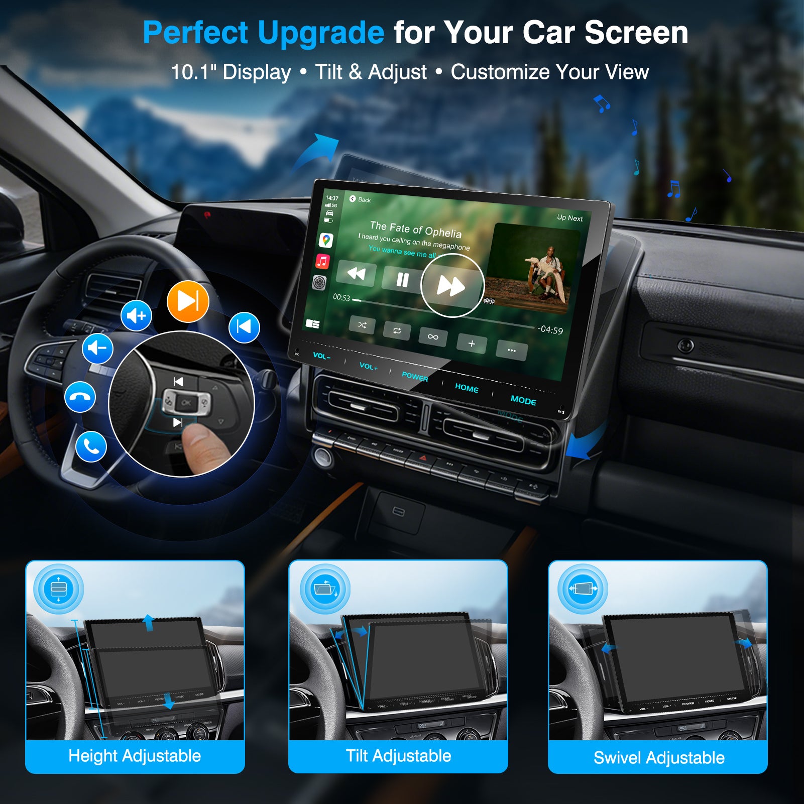 PORMIDO PRA102 Double Din Car Stereo: 10.1" Adjustable Touchscreen Radio with Wireless Apple CarPlay Android Auto - QLED Car Play Screen with Bluetooth Backup Camera MirrorLink DSP SWC for Car Audio Upgrade