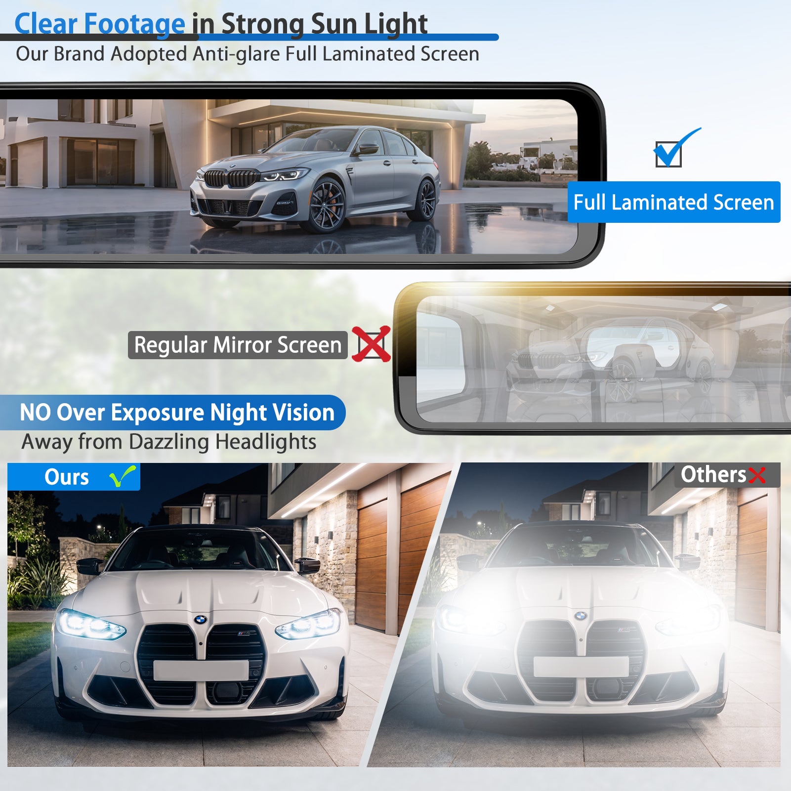 PORMIDO Triple 12" Mirror Dash Cam 3 Channel with Detached Front, Inside, Waterproof Backup Camera, Video Rear View Mirror 1296P Touch Screen with Sony Sensor,Starvis Night Vision,GPS,Parking Assist