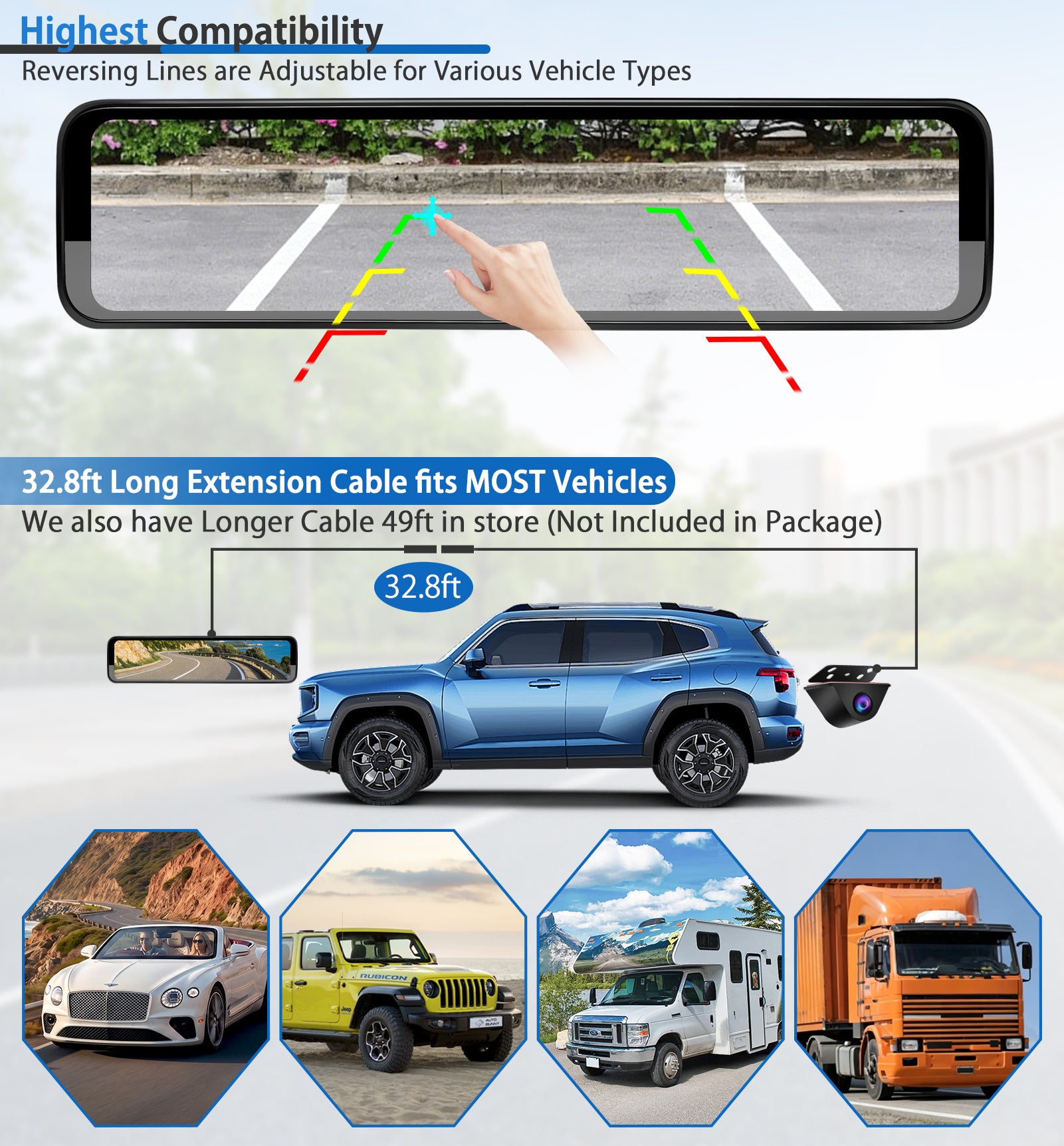 PORMIDO Triple 12" Mirror Dash Cam 3 Channel with Detached Front, Inside, Waterproof Backup Camera, Video Rear View Mirror 1296P Touch Screen with Sony Sensor,Starvis Night Vision,GPS,Parking Assist