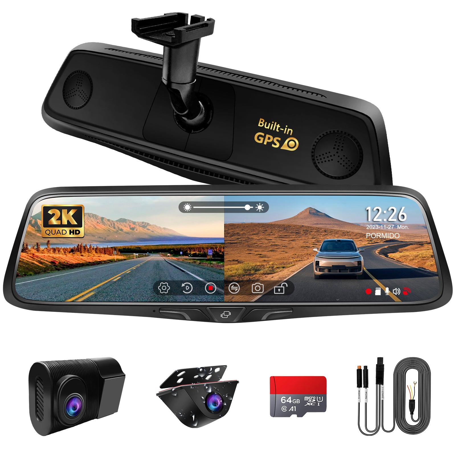 PORMIDO 2K Smart OEM Rearview Mirror Dashcam with WDR - 10" Touchscreen, Detachable Front Backup Camera, Built-in GPS, 64GB Card, Parking Monitor, Night Vision