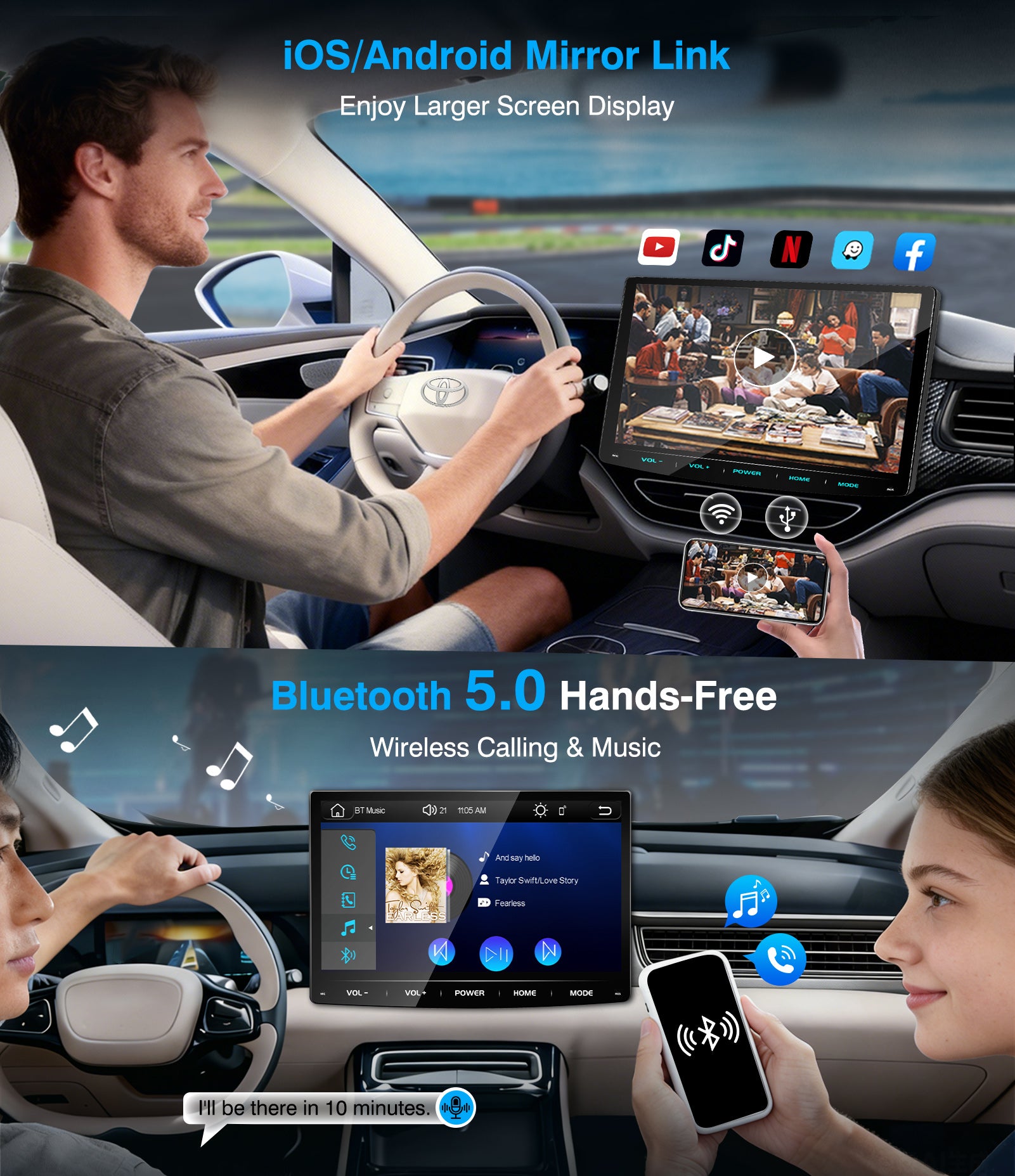 PORMIDO PRA102 Double Din Car Stereo: 10.1" Adjustable Touchscreen Radio with Wireless Apple CarPlay Android Auto - QLED Car Play Screen with Bluetooth Backup Camera MirrorLink DSP SWC for Car Audio Upgrade