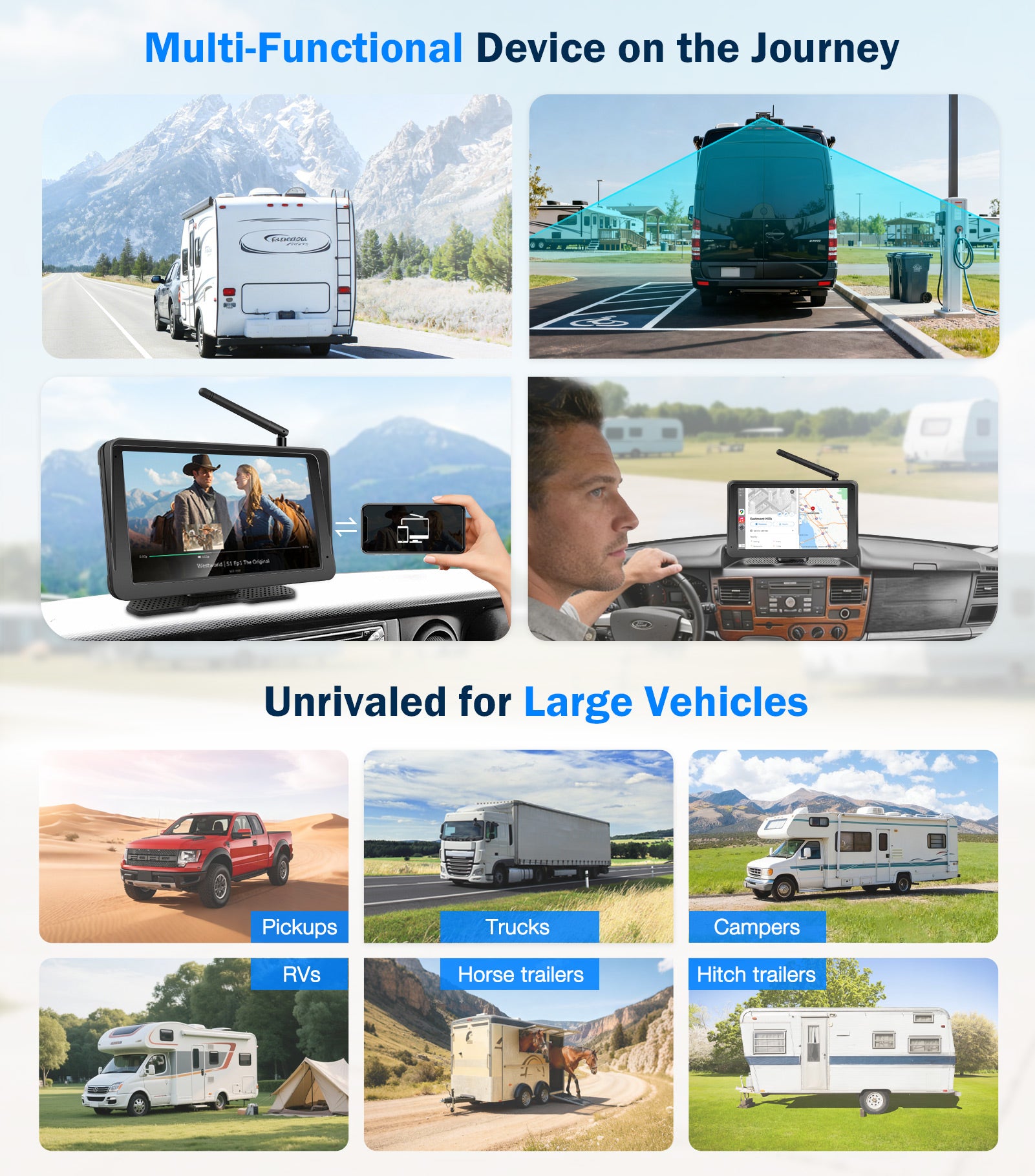 PORMIDO PRD10X Wireless Backup Camera for Truck: 7" Portable Touchscreen with Apple CarPlay/Android Auto - 10000mAh Solar Magnetic HD 1080P Rear View System for Large Vehicle RV Trailer Camper Pickup Reverse