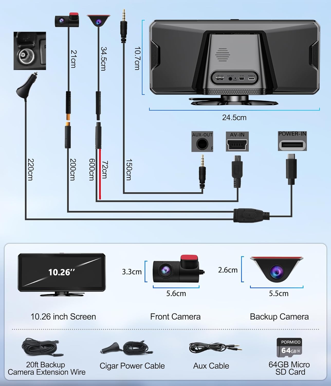 PORMIDO 10.26" Portable Carplay Dash Cam Touchscreen for Apple Android Wireless Car Play Detached Front and Rear HD1080P Backup Camera with Voice Control,Bluetooth,Navigation,Stream Record 64GB Card