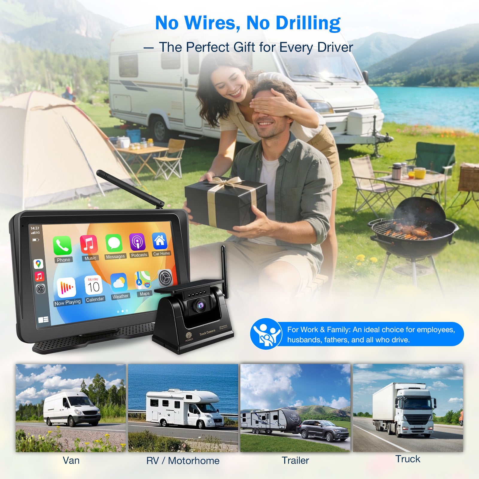PORMIDO PRD10X Wireless Backup Camera for Truck: 7" Portable Touchscreen with Apple CarPlay/Android Auto - 10000mAh Solar Magnetic HD 1080P Rear View System for Large Vehicle RV Trailer Camper Pickup Reverse