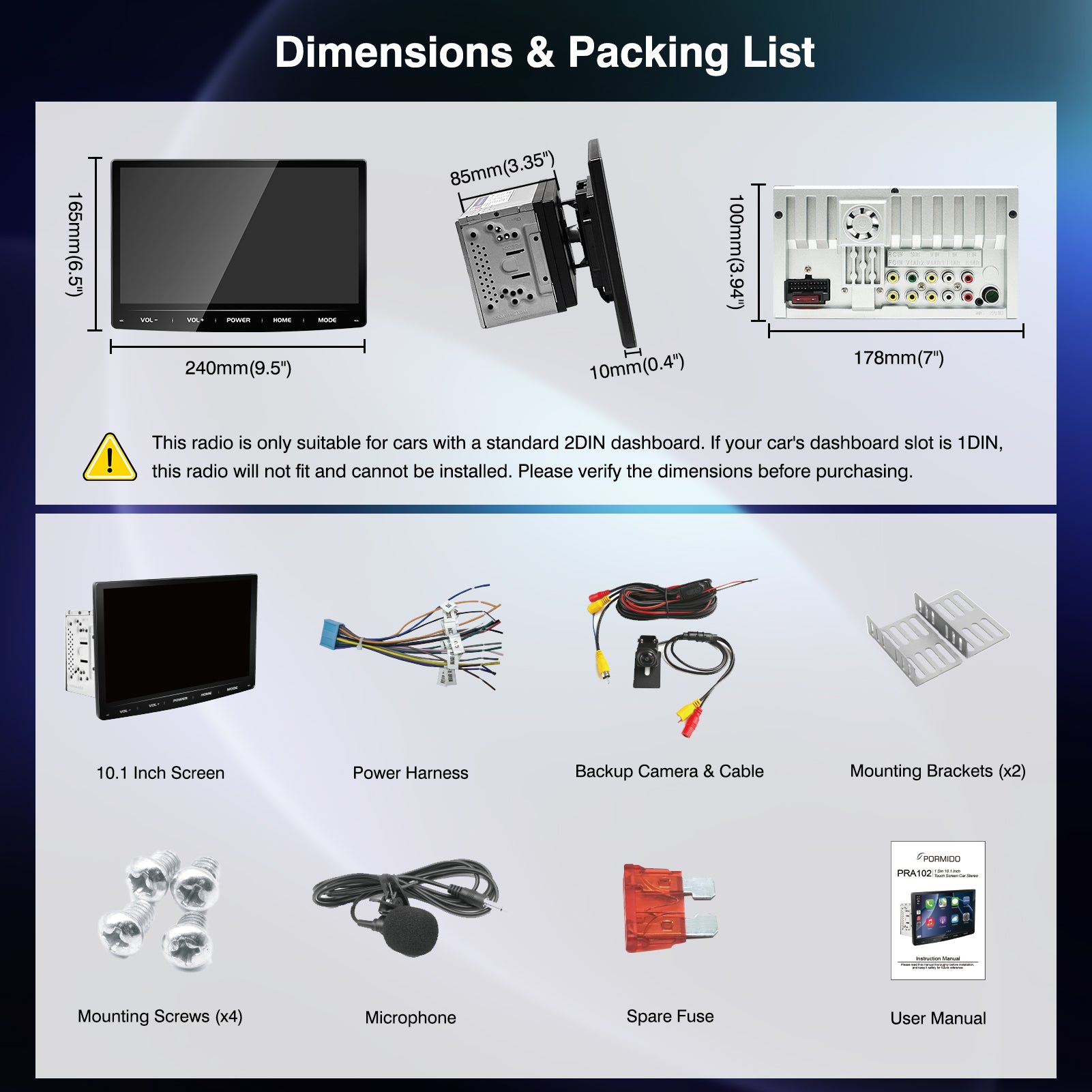 PORMIDO PRA102 Double Din Car Stereo: 10.1" Adjustable Touchscreen Radio with Wireless Apple CarPlay Android Auto - QLED Car Play Screen with Bluetooth Backup Camera MirrorLink DSP SWC for Car Audio Upgrade
