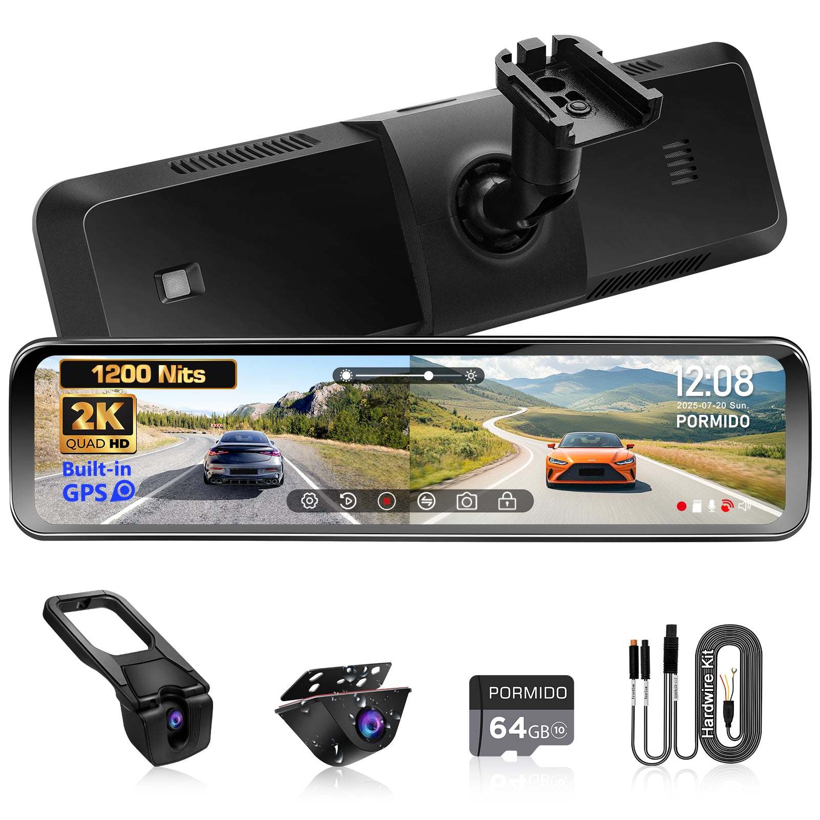 PORMIDO D81T OEM Rear View Mirror Camera with Auto-Brightness, 11" Mirror Dash Cam with 2K Ultra-Bright Touchscreen, Detached Front Backup Rearview Zoom Built-in GPS Night Vision 64GB Card Parking Monitor